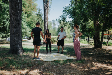 A diverse group of young adults gathers in a sunny park, chatting and bonding around a large striped mat. Casual outfits and relaxed poses convey friendship, leisure, and outdoor recreation.