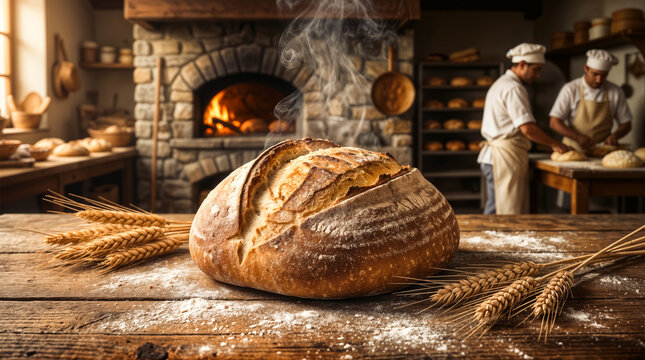 Brot aus dem Steinofen &ndash; frisch gebackenes Sauerteiglaib mit knuspriger Kruste in rustikaler B&auml;ckerei mit B&auml;ckern im Hintergrund