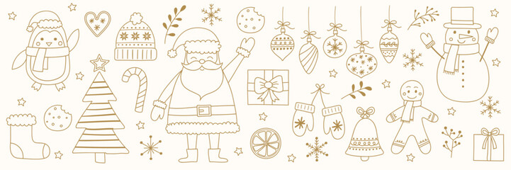 Collection of cartoon Christmas ornaments. Holiday icons: Santa Claus, snowman, cookie and tree. Vector illustration