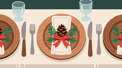 Table setting with pine cone and greenery on wooden plates for Thanksgiving  