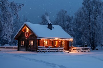 Cozy log cabin illuminated with christmas lights during snowy winter night