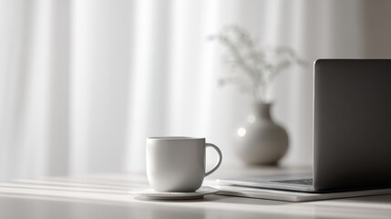 Remote work setup with laptop, coffee mug, and minimalistic decor, ultra-realistic