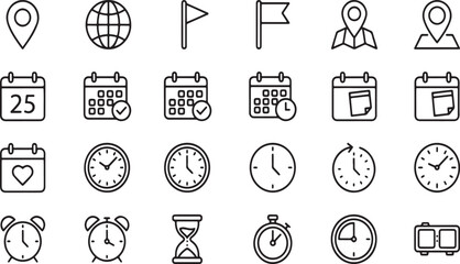  Date Time and Location Line IconsIcons for Maps, Calendars, and Clocks