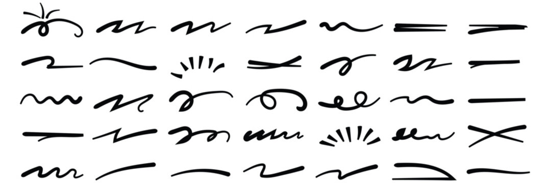 Line marker red underline set. Hand drawn red pen and brush stroke with underline accent, swoosh detail and squiggly sketch mark. vector set. Red squiggle brush scribble underline. Marker pen emphasis