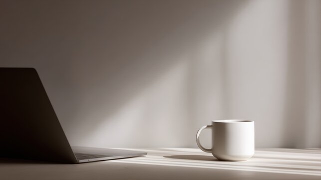 Remote work setup with laptop, coffee mug, and minimalistic decor, soft shadows