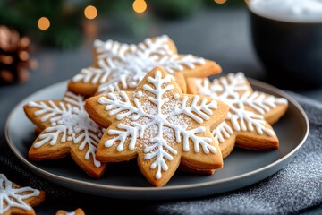 Christmas gingerbread snowflake cookies with icing on a plate