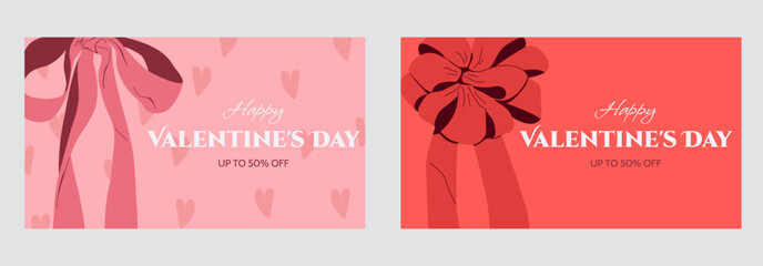Template for a discount banner for social media on Valentine's Day. Festive design with a gift bow, hearts, a red and pink color palette, and text. Vector illustration.