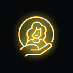 Neon sign of a human resources manager holding a smiling woman icon in their hands
