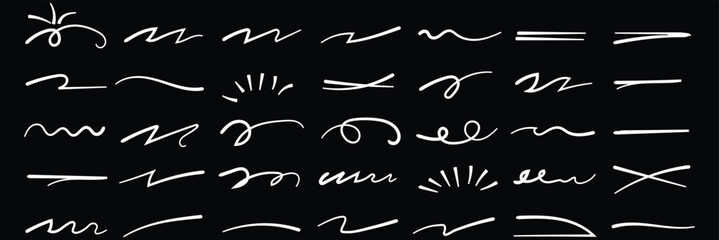 Vector swoosh brush underline set for accent, marker emphasis squiggle element. Vector stock illustration. Red underline doodle pencil hand drawn elements set. Grunge line ellipses, Line pen brush eps