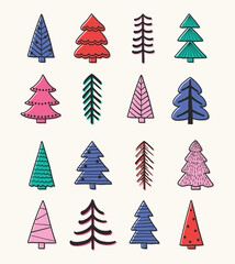 Collection of a hand drawn Christmas tree icons. Holiday decorations. Vector illustration