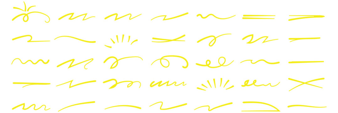 Vector swoosh brush underline set for accent, marker emphasis squiggle element. Vector stock illustration. Red underline doodle pencil hand drawn elements set. Grunge line ellipses, Line pen brush eps