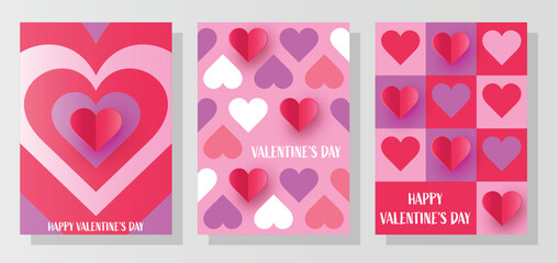 Collection of abstract greeting cards with paper cut heart. Modern design for Valentine&rsquo;s Day. Vector illustration