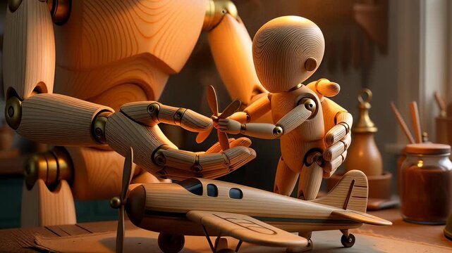 Wooden mannequin father and son figures crafting a toy airplane in a warm workshop with cinematic lighting, illustrating parenting and mentorship concepts in 3D animation