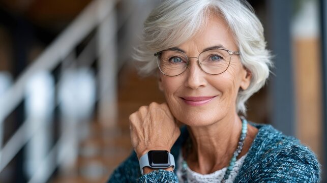 Smiling senior woman wearing glasses and smartwatch