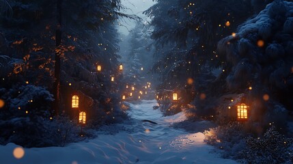 Still pine forest with snow and glowing lanterns