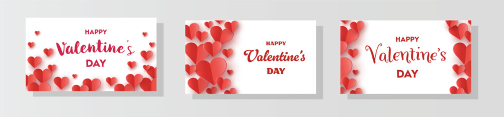 Collection of Happy Valentine&rsquo;s Day greeting cards with flying paper cut hearts. Vector illustration
