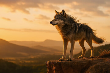 Dominant Gray Wolf Standing Sentinel on a Rocky Cliff Edge at Sunset
