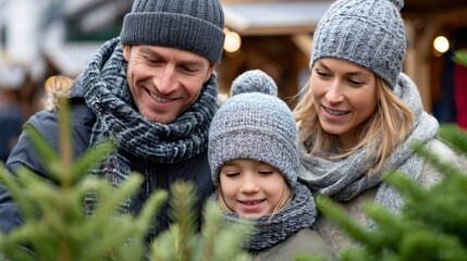 Family choosing christmas tree at outdoor winter market