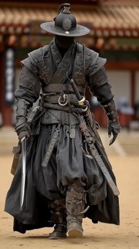 Un guerrero coreano con armadura completa, listo para la batalla.