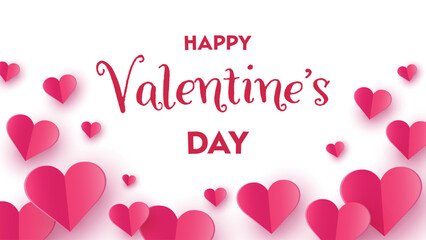 Happy Valentine&rsquo;s Day greeting card with flying paper cut hearts. Vector illustration