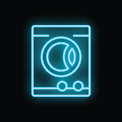 Blue glowing neon icon of a washing machine on a black background