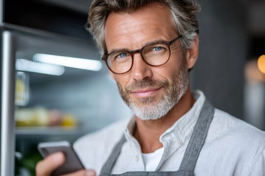 Mature man smiling using phone in kitchen