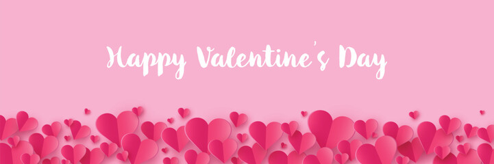 Happy Valentine&rsquo;s Day greeting card with flying paper cut hearts. Banner. Vector illustration