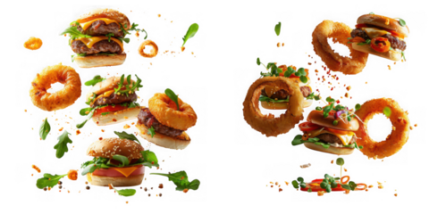 Delicious gourmet burgers and crispy onion rings floating in the air isolated on transparent background