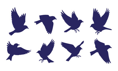 Naklejka premium Set of eight dark blue bird silhouettes in various flying poses isolated on