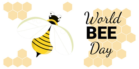 World Bee Day with honeycomb and bee. Vector template.