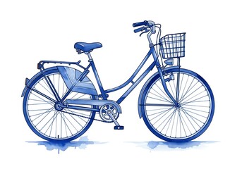 Mountain biker wearing helmet and goggles riding a blue bicycle downhill on a dirt trail with watercolor splashes. Bicycle watercolor