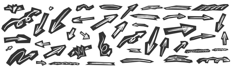 Textured scrapbook arrow graphics with scribble lines across vintage paper scraps. Arrow shapes, scrapbook elements, energetic scribble touches and paper layers deliver a handmade aesthetic.