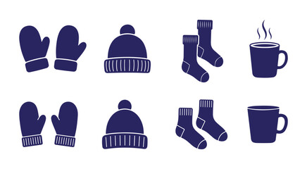 Collection of warm winter clothing and hot beverage icons isolated on