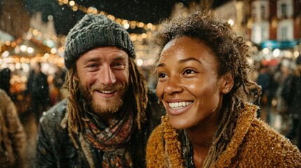 Diverse couple enjoying Christmas Eve in city decorated with lights, warm holiday street moment