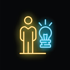Neon sign of a man standing next to a bright idea light bulb