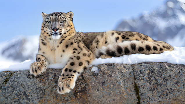 Majestic snow leopard resting on a snowy rock in its natural mountainous habitat under a clear blue sky