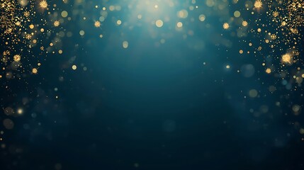 Festive dark teal backdrop with golden bokeh lights and snowflake accents creating a magical atmosphere