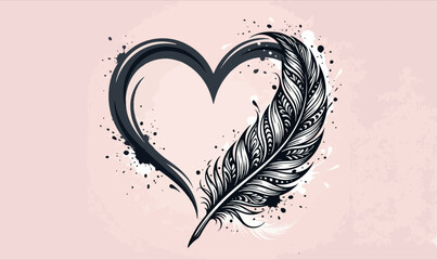 Heart and Feather Illustration, Minimalist Elegant Graphic Design, heart illustration, feather artwork, minimalist heart design, elegant graphic design, black and white feather, stylized heart icon,  © TalalAhmad