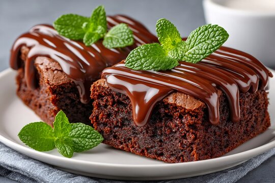 Fudgy chocolate brownies drizzling with chocolate sauce and mint