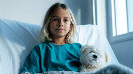 Young patient reclining in a hospital bed, dressed in a blue gown and clutching a teddy bear, symbolizing healing and emotional comfort
