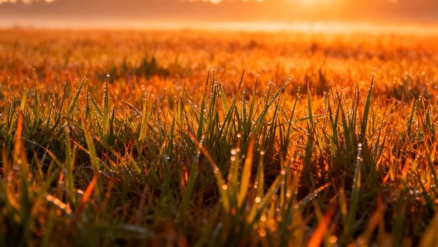 Golden hour glow dew kissed grass field bathed in warm morning light - Powered by Adobe