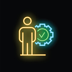 Neon sign icon of a businessman standing near a gear with a check mark inside, on black background
