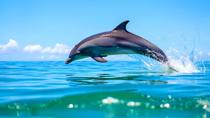 Obraz premium Graceful dolphin leaping high out of the clear blue ocean water with a dynamic splash on a sunny day.