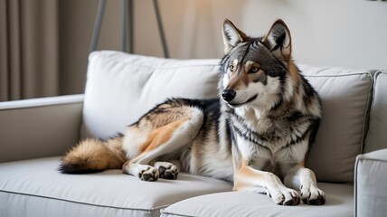 Majestic wolf dog relaxing on a plush sofa indoors