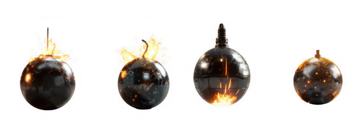 Exploding and burning egg shaped objects with liquid splashing isolated on transparent background