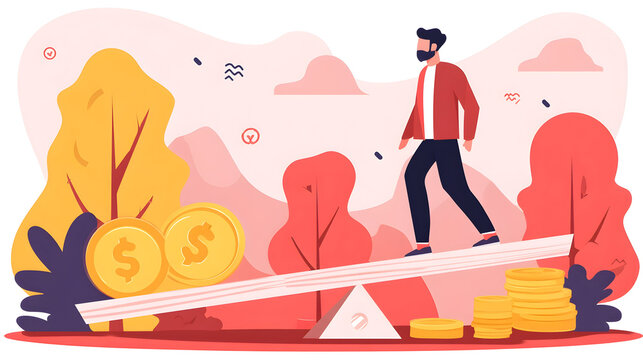 Balancing Act: Man Navigating Financial Seesaw Between Growth and Stability