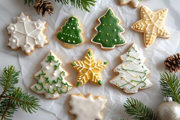 Christmas cookies decorated with royal icing and festive shapes
