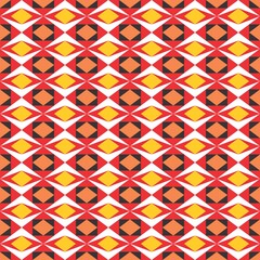 Red background with geometric shapes in white, orange, yellow and black