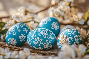 Blue easter eggs with white floral patterns