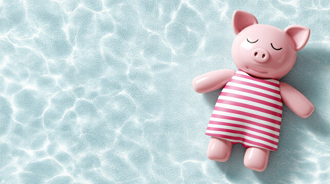 Pink piglet in a striped swimsuit floating peacefully on the surface of blue water with caustic light patterns, representing summer holidays